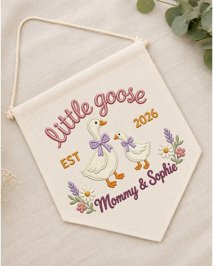 Personalized Little Goose Wall Hanging, Custom Name Embroidered Mommy and Baby Goose Banner, New Mom Nursery Decor, Baby Girl Keepsake Gift