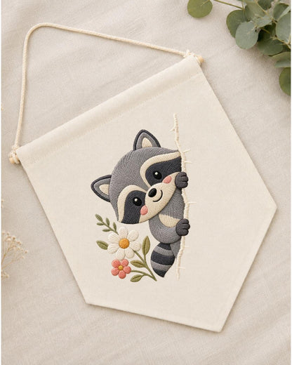 Raccoon Embroidered Wall Hanging, Cute Woodland Nursery Banner, Floral Forest Animal Decor, Baby Room Gift, Woodland Home Decor