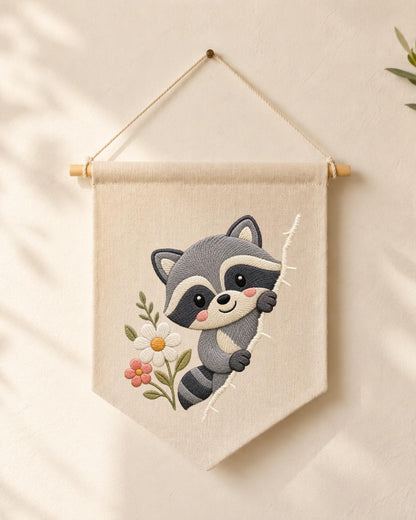 Raccoon Embroidered Wall Hanging, Cute Woodland Nursery Banner, Floral Forest Animal Decor, Baby Room Gift, Woodland Home Decor