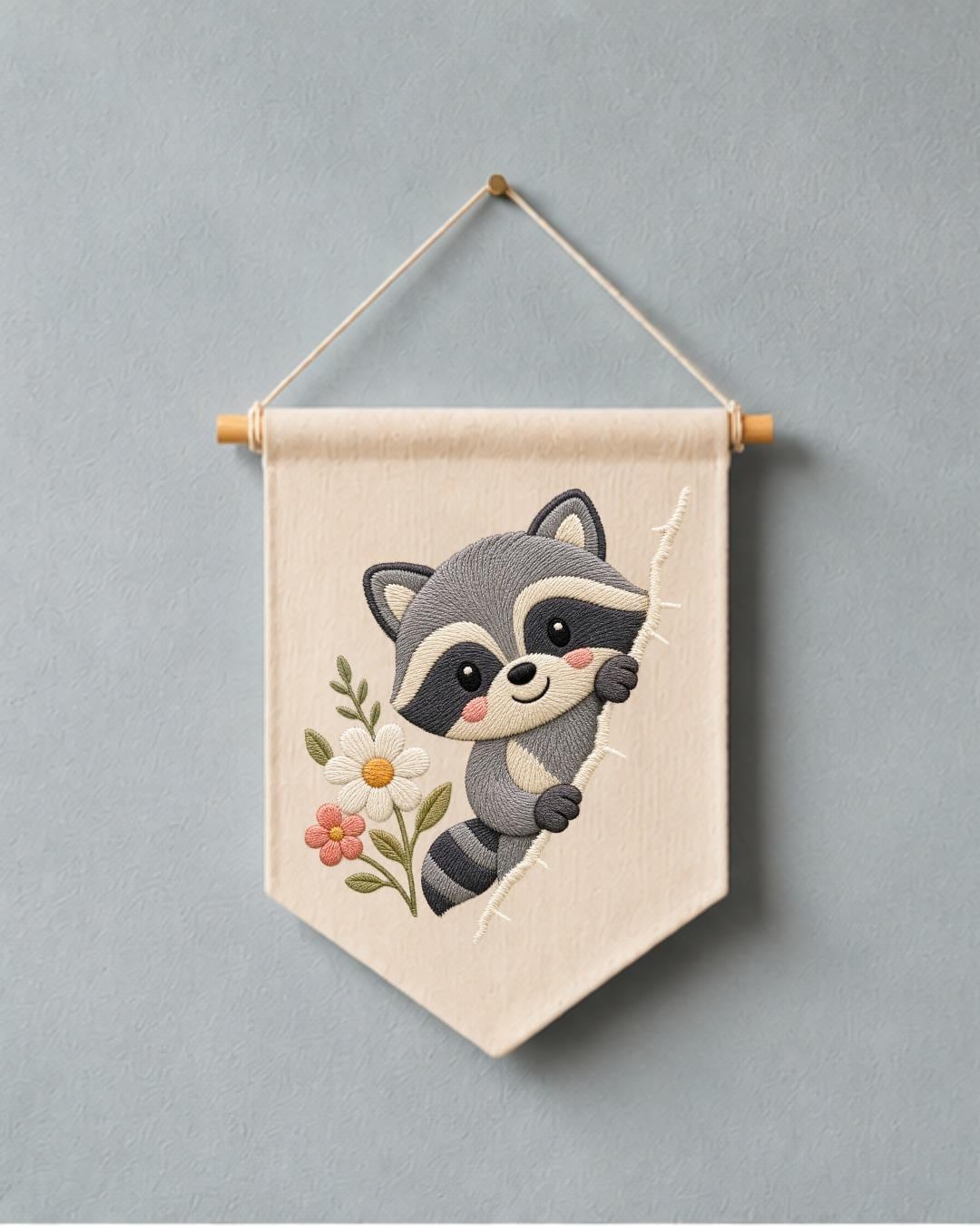 Raccoon Embroidered Wall Hanging, Cute Woodland Nursery Banner, Floral Forest Animal Decor, Baby Room Gift, Woodland Home Decor