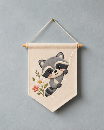 Raccoon Embroidered Wall Hanging, Cute Woodland Nursery Banner, Floral Forest Animal Decor, Baby Room Gift, Woodland Home Decor