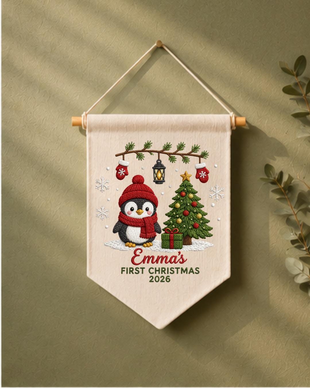 Personalized First Christmas Wall Hanging, Custom Name Embroidered Penguin Banner, Baby Christmas Nursery Decor, Newborn Keepsake Gift 2026