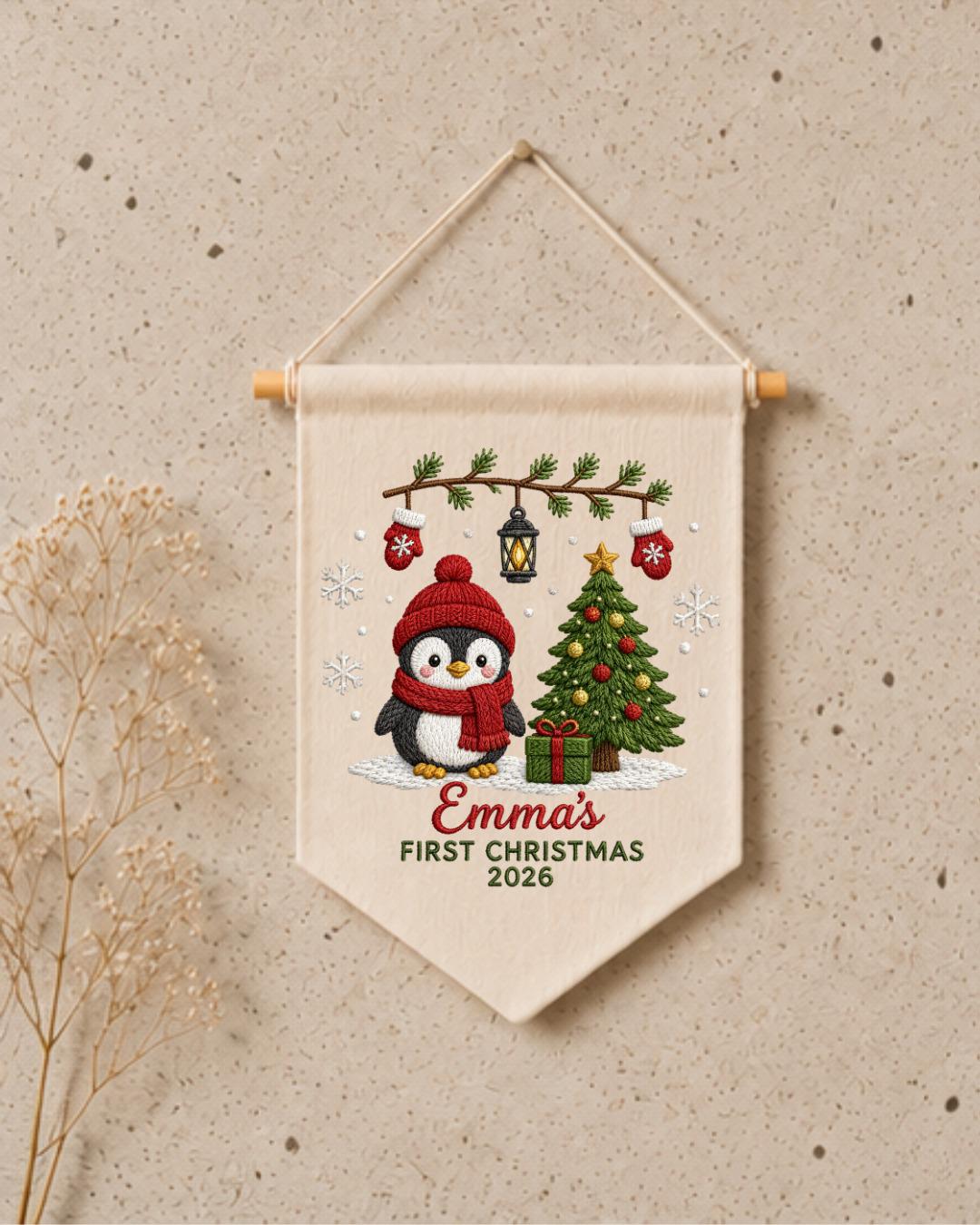 Personalized First Christmas Wall Hanging, Custom Name Embroidered Penguin Banner, Baby Christmas Nursery Decor, Newborn Keepsake Gift 2026