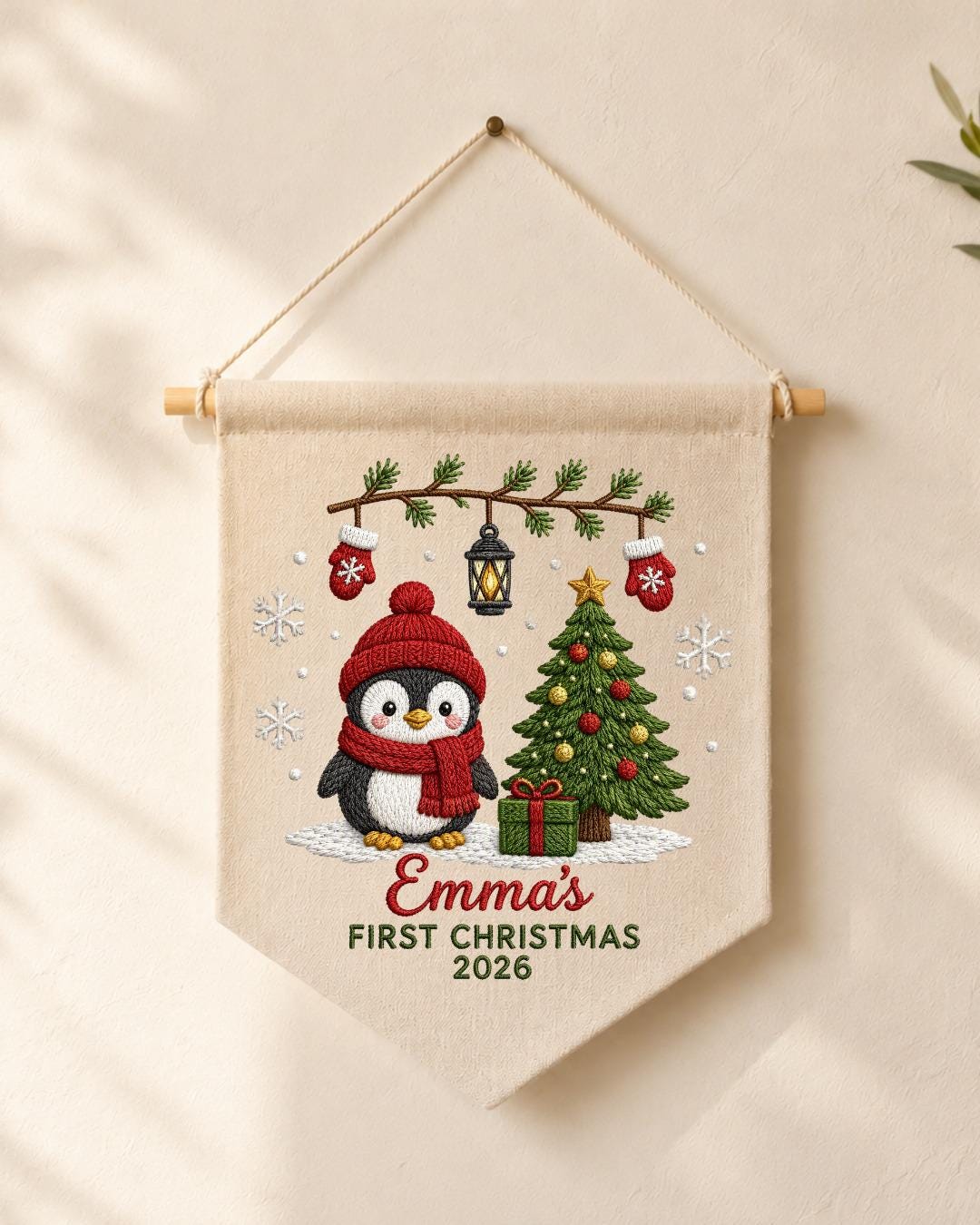 Personalized First Christmas Wall Hanging, Custom Name Embroidered Penguin Banner, Baby Christmas Nursery Decor, Newborn Keepsake Gift 2026