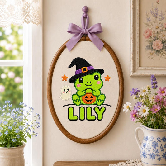Personalized Halloween Witch Frog Embroidery Hoop Art, Custom Name Wall Hanging