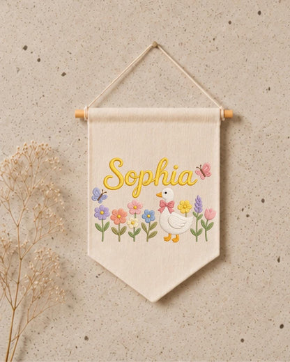 Personalized Baby Birth Stats Wall Hanging, Custom Name Embroidered Nursery Banner, Floral Butterfly Newborn Keepsake, Baby Girl Gift