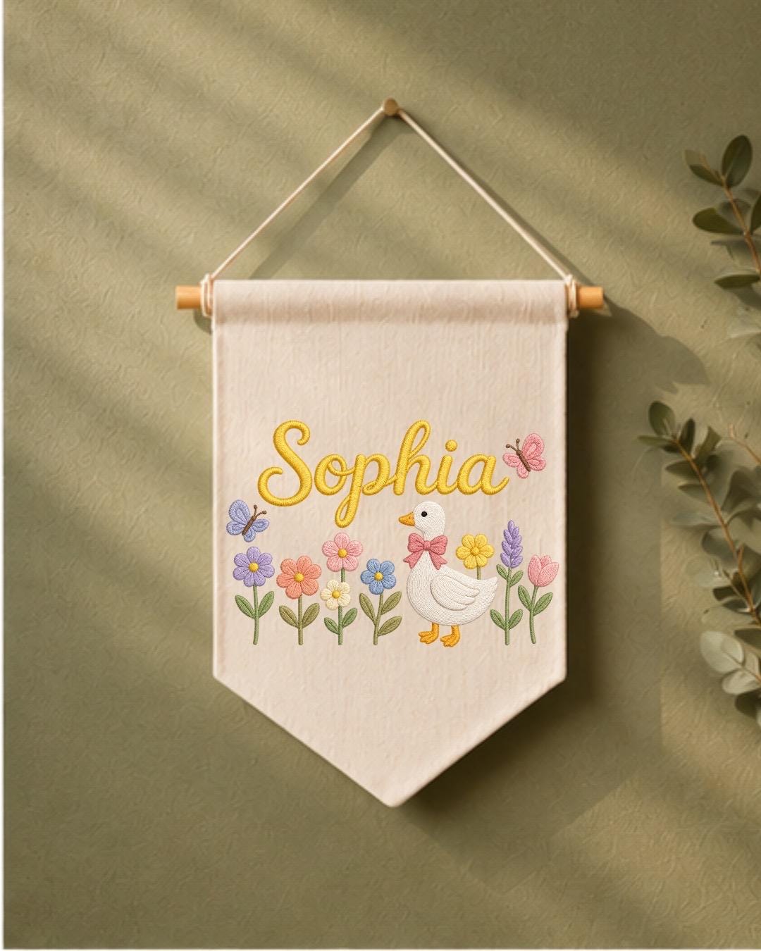 Personalized Baby Birth Stats Wall Hanging, Custom Name Embroidered Nursery Banner, Floral Butterfly Newborn Keepsake, Baby Girl Gift