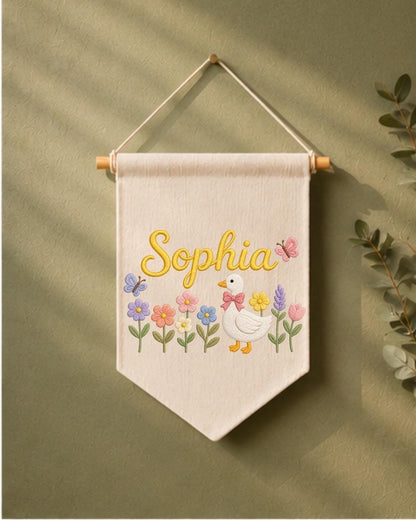 Personalized Baby Birth Stats Wall Hanging, Custom Name Embroidered Nursery Banner, Floral Butterfly Newborn Keepsake, Baby Girl Gift