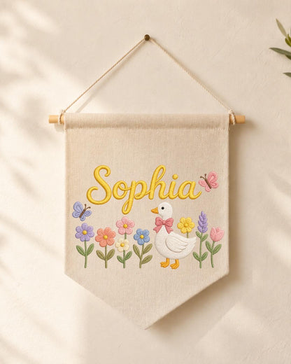 Personalized Baby Birth Stats Wall Hanging, Custom Name Embroidered Nursery Banner, Floral Butterfly Newborn Keepsake, Baby Girl Gift
