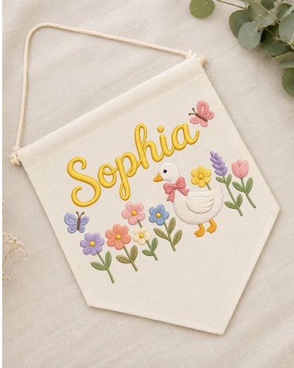 Personalized Baby Birth Stats Wall Hanging, Custom Name Embroidered Nursery Banner, Floral Butterfly Newborn Keepsake, Baby Girl Gift