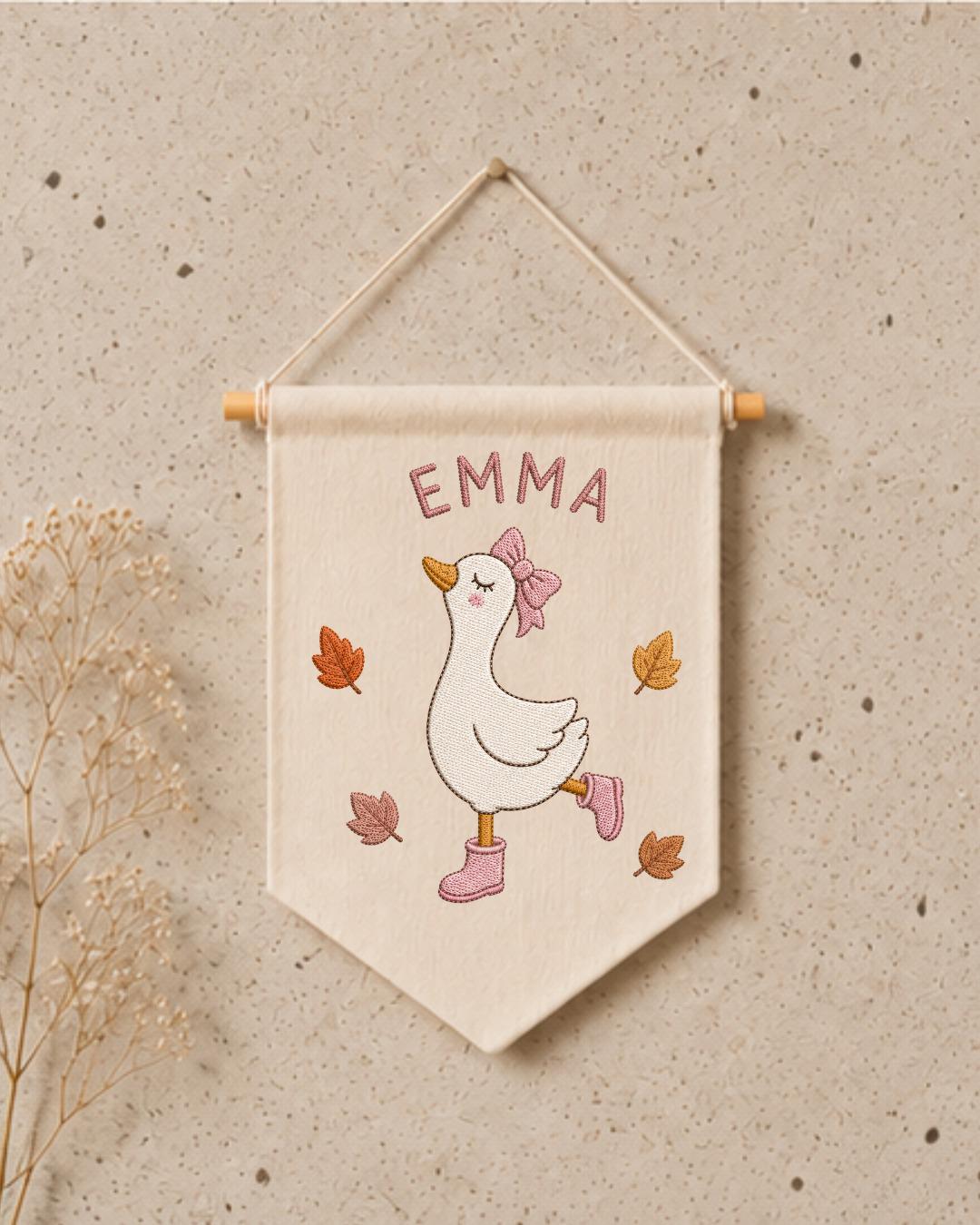 Personalized Goose Nursery Wall Hanging, Custom Name Embroidered Banner, Autumn Baby Girl Room Decor, Fall Goose Baby Shower Gift