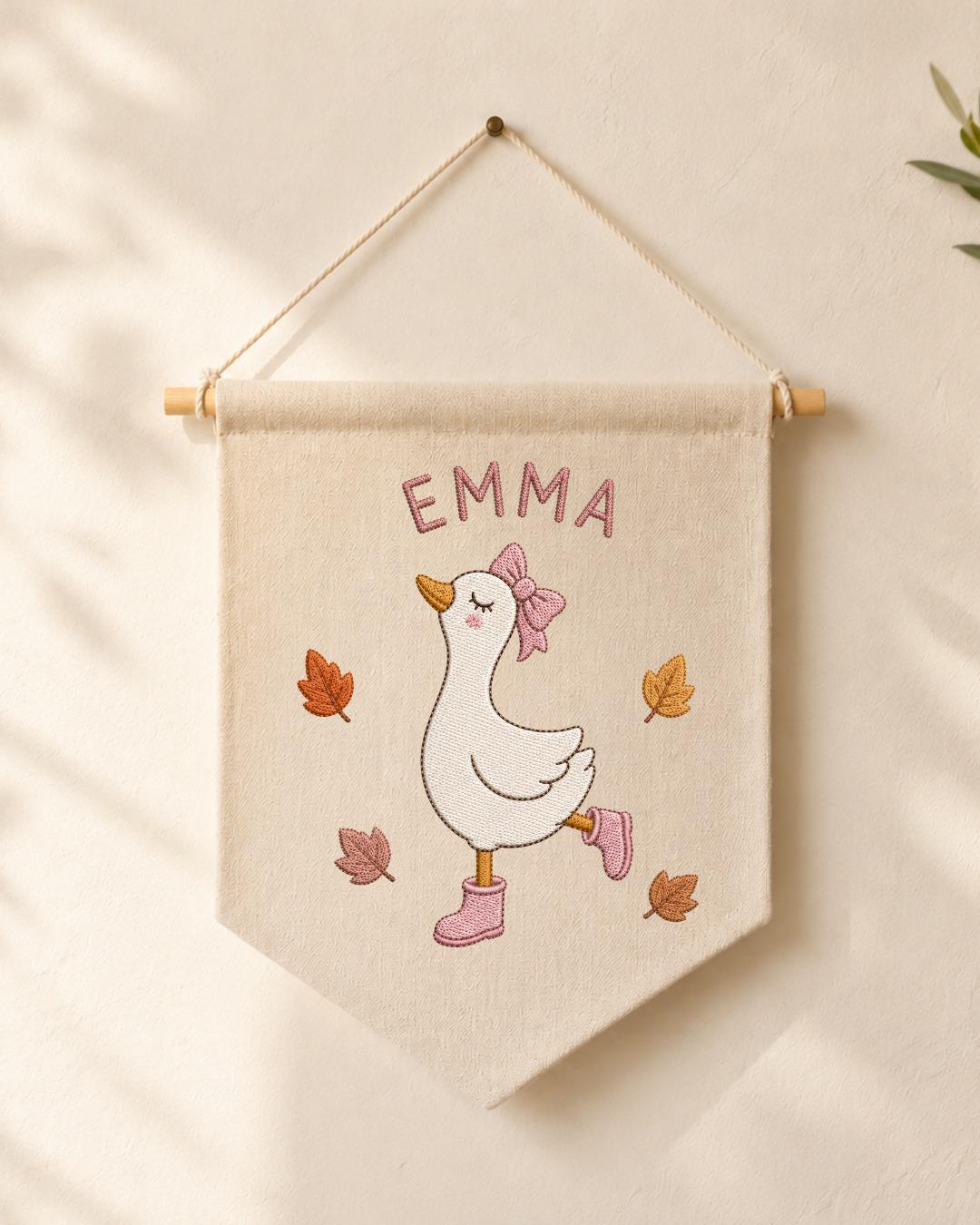 Personalized Goose Nursery Wall Hanging, Custom Name Embroidered Banner, Autumn Baby Girl Room Decor, Fall Goose Baby Shower Gift
