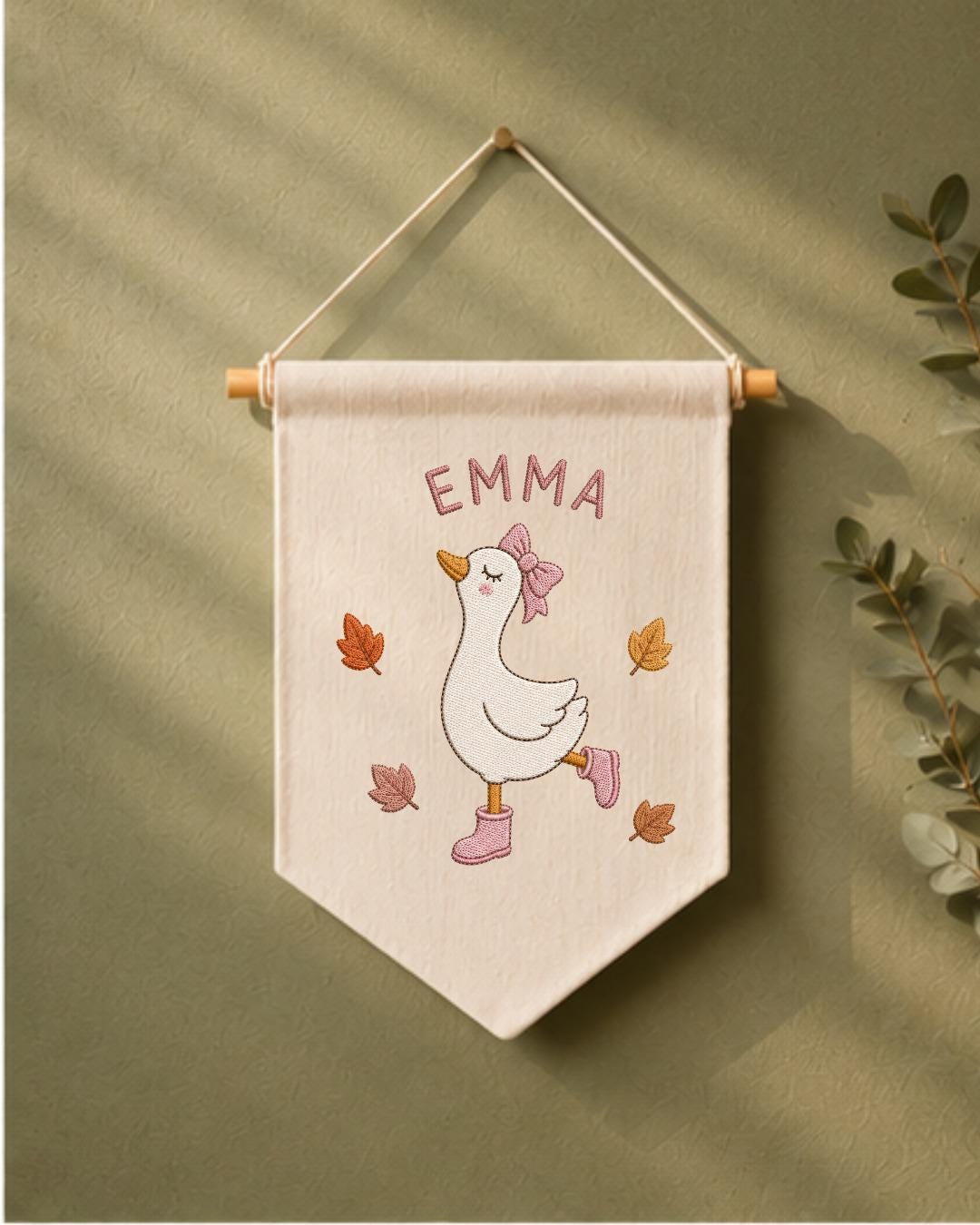 Personalized Goose Nursery Wall Hanging, Custom Name Embroidered Banner, Autumn Baby Girl Room Decor, Fall Goose Baby Shower Gift