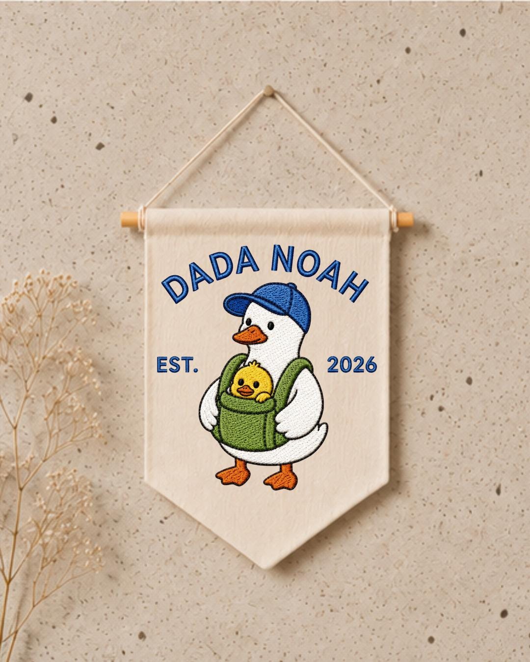 Personalized Dada Goose Wall Hanging, Custom Dad Name Embroidered Banner, New Dad Gift, Baby Announcement Nursery Decor, Est 2026