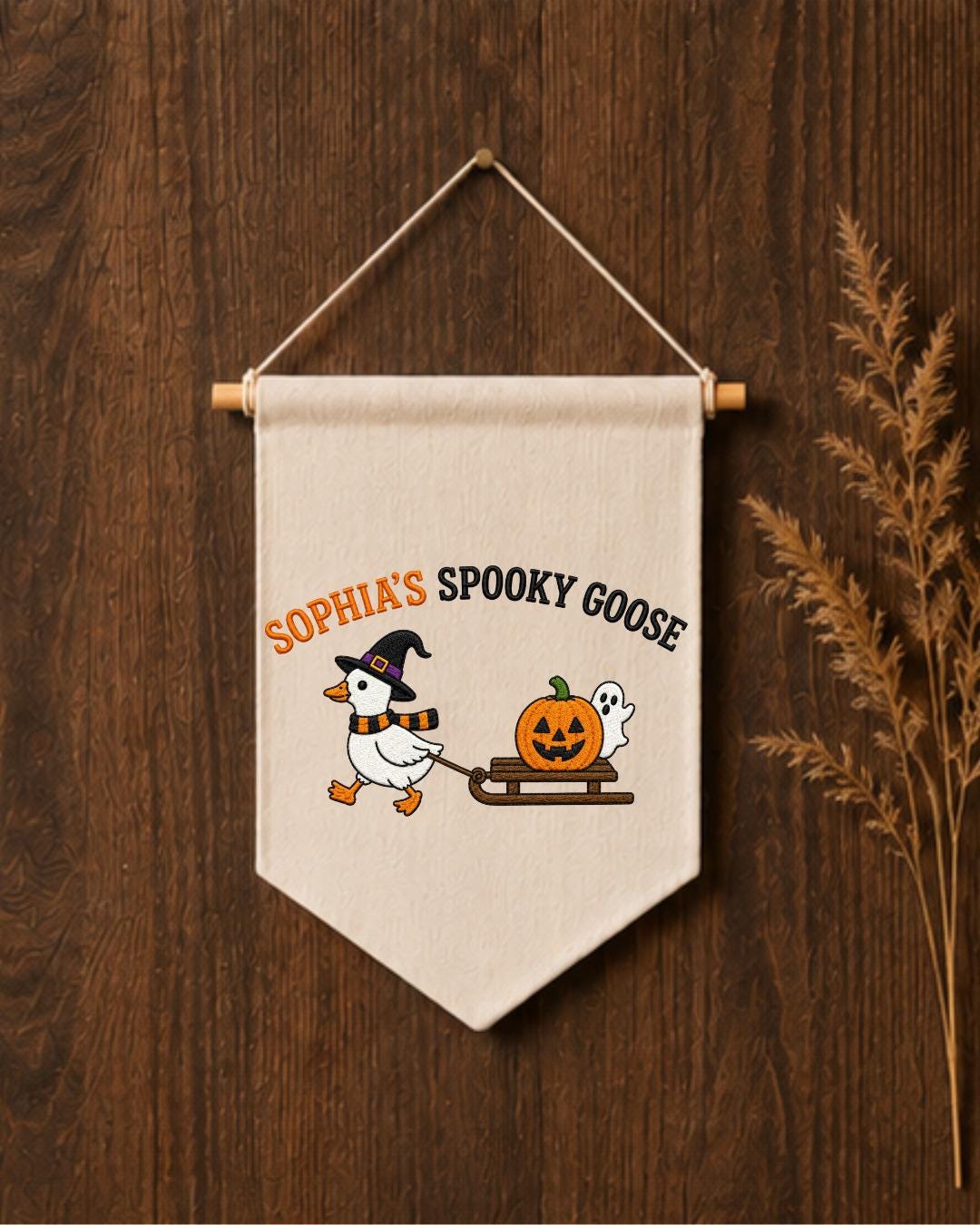 Personalized Halloween Goose Wall Hanging, Custom Name Embroidered Banner, Spooky Goose Nursery Decor, Pumpkin Ghost Fall Kids Room Gift