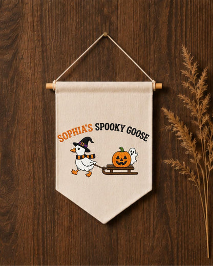 Personalized Halloween Goose Wall Hanging, Custom Name Embroidered Banner, Spooky Goose Nursery Decor, Pumpkin Ghost Fall Kids Room Gift