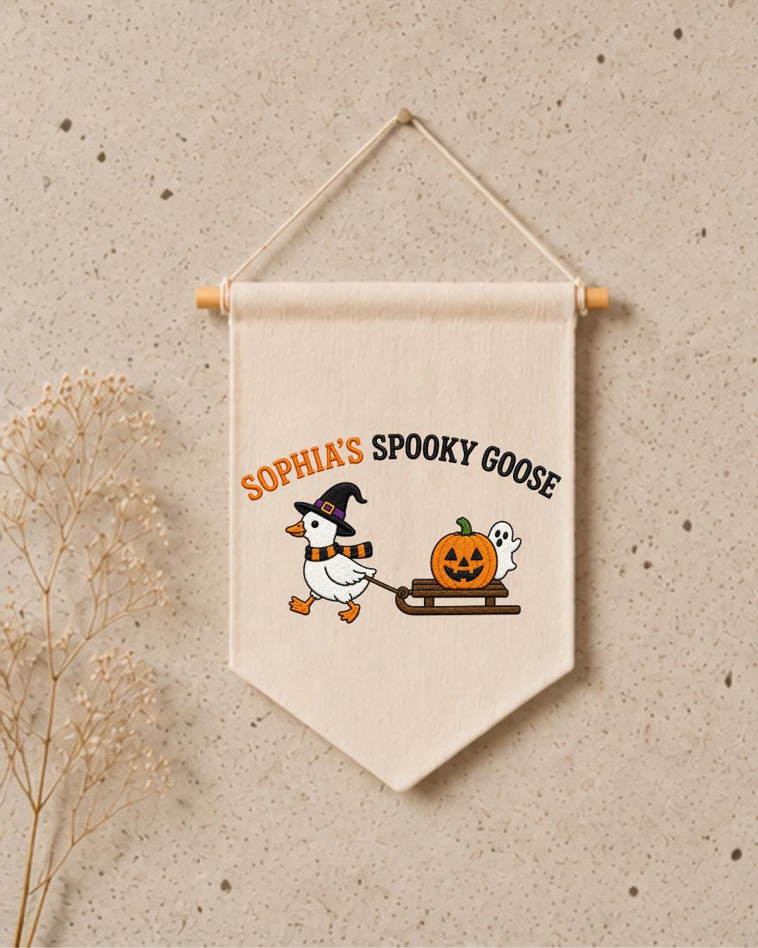 Personalized Halloween Goose Wall Hanging, Custom Name Embroidered Banner, Spooky Goose Nursery Decor, Pumpkin Ghost Fall Kids Room Gift