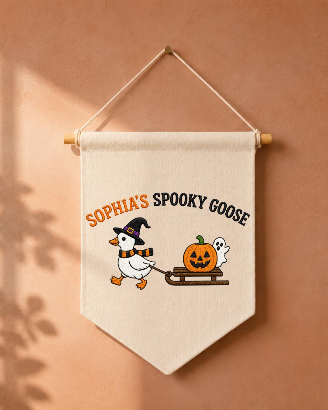 Personalized Halloween Goose Wall Hanging, Custom Name Embroidered Banner, Spooky Goose Nursery Decor, Pumpkin Ghost Fall Kids Room Gift