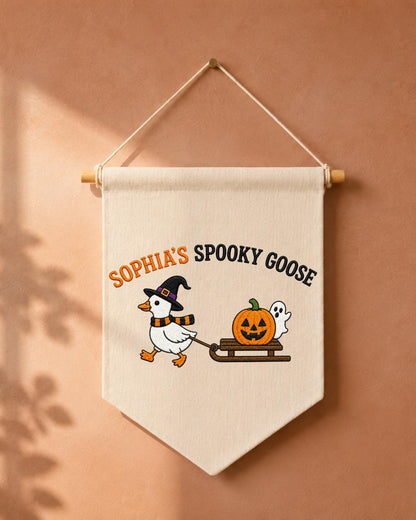 Personalized Halloween Goose Wall Hanging, Custom Name Embroidered Banner, Spooky Goose Nursery Decor, Pumpkin Ghost Fall Kids Room Gift