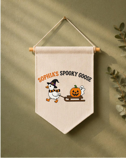 Personalized Halloween Goose Wall Hanging, Custom Name Embroidered Banner, Spooky Goose Nursery Decor, Pumpkin Ghost Fall Kids Room Gift