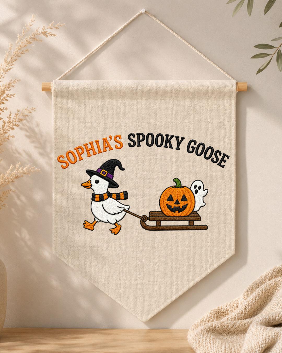 Personalized Halloween Goose Wall Hanging, Custom Name Embroidered Banner, Spooky Goose Nursery Decor, Pumpkin Ghost Fall Kids Room Gift