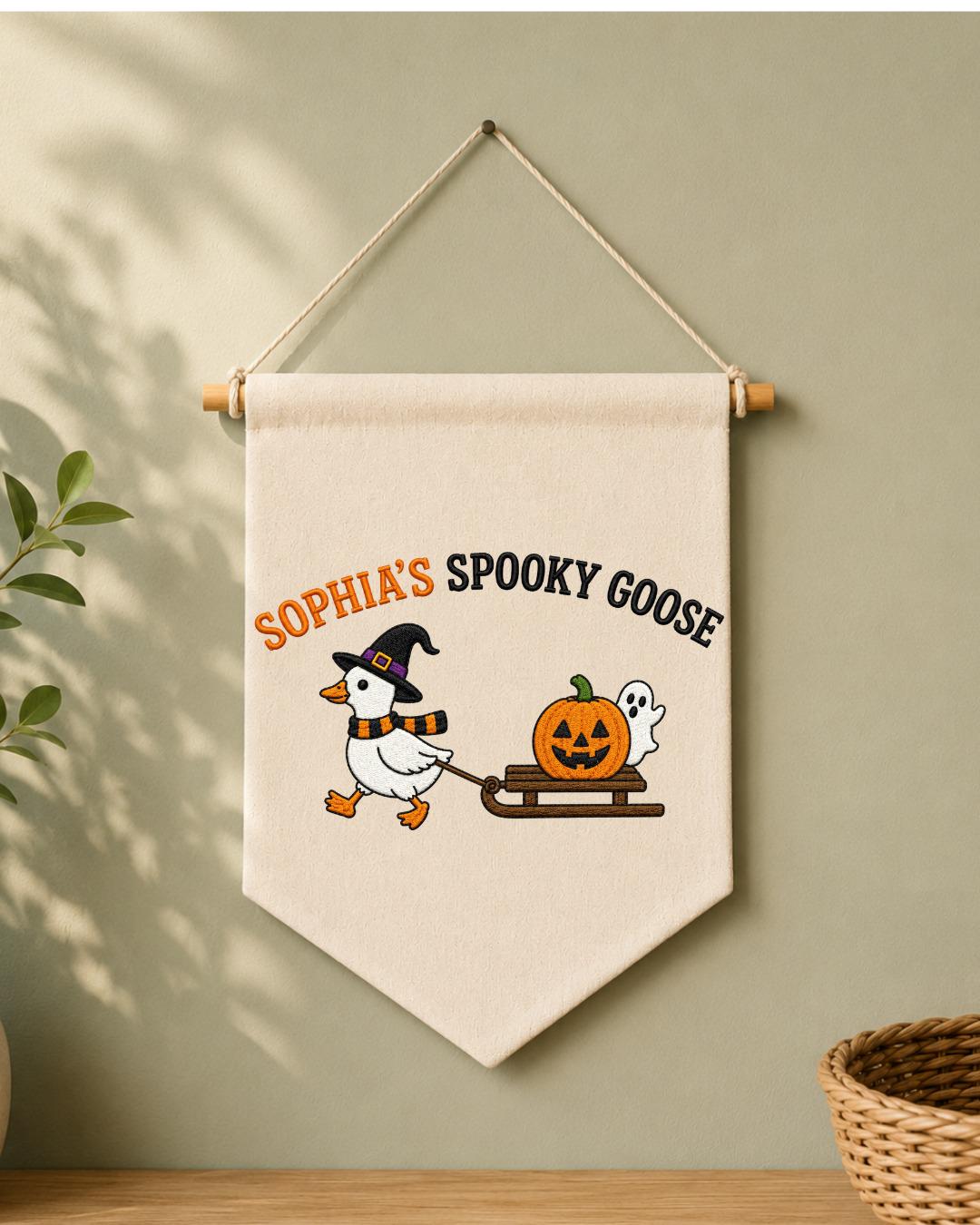 Personalized Halloween Goose Wall Hanging, Custom Name Embroidered Banner, Spooky Goose Nursery Decor, Pumpkin Ghost Fall Kids Room Gift