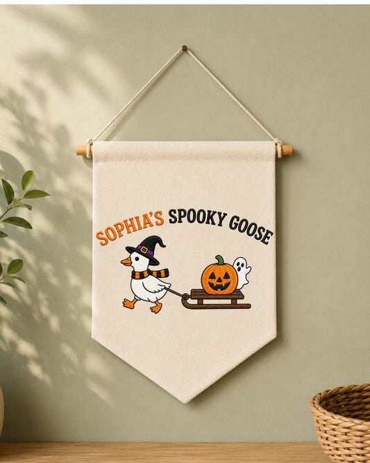Personalized Halloween Goose Wall Hanging, Custom Name Embroidered Banner, Spooky Goose Nursery Decor, Pumpkin Ghost Fall Kids Room Gift