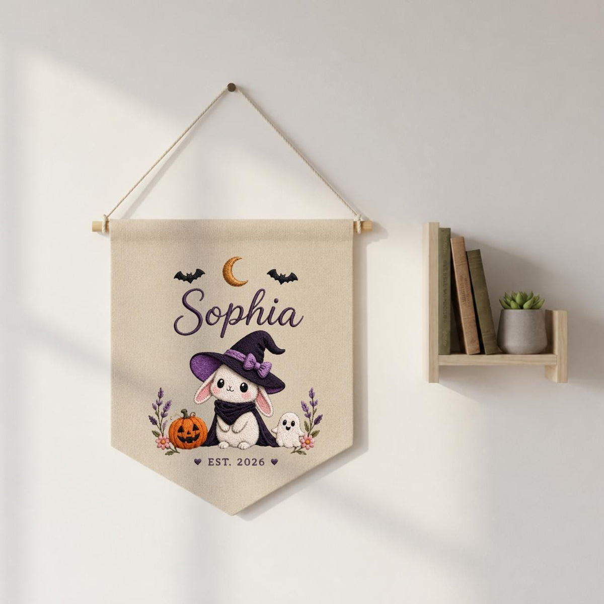 Personalized Witch Bunny Halloween Banner, Custom Embroidered Name Wall Hanging