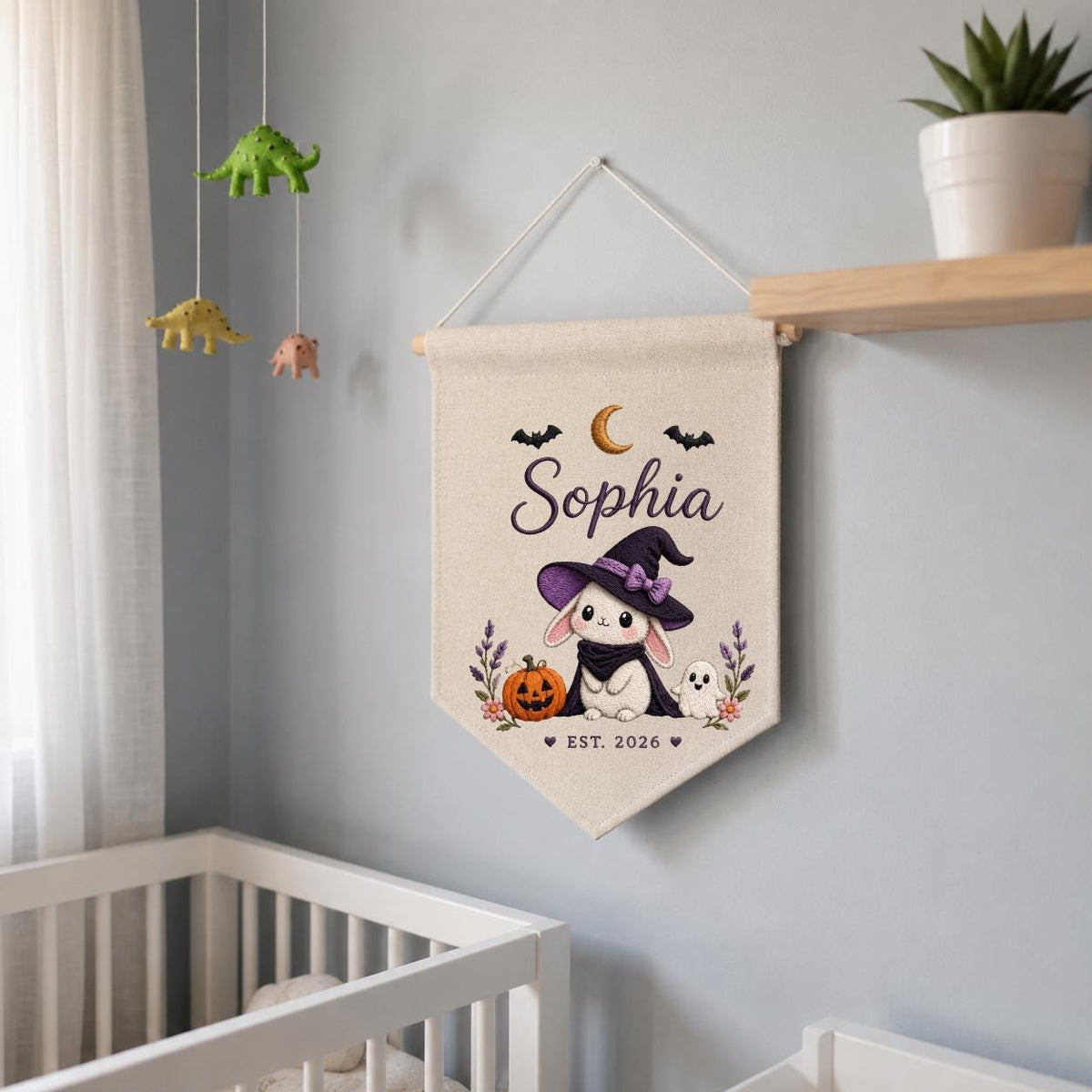 Personalized Witch Bunny Halloween Banner, Custom Embroidered Name Wall Hanging