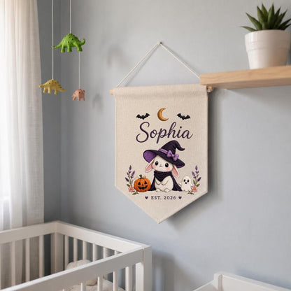 Personalized Witch Bunny Halloween Banner, Custom Embroidered Name Wall Hanging