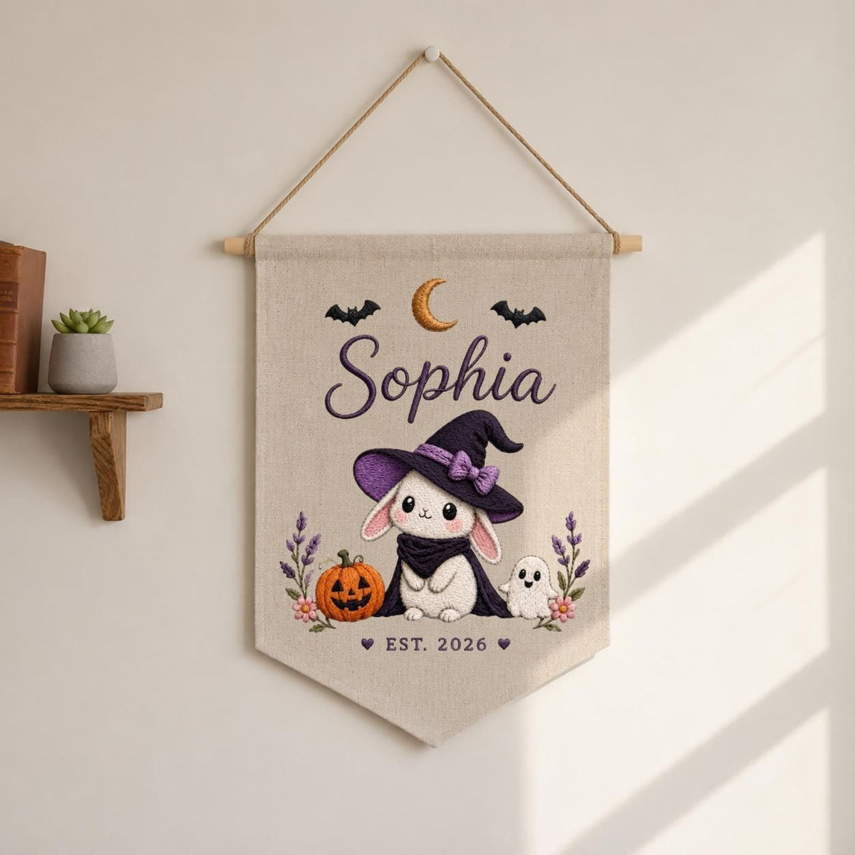 Personalized Witch Bunny Halloween Banner, Custom Embroidered Name Wall Hanging