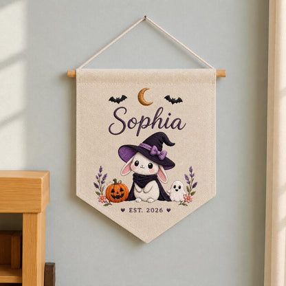 Personalized Witch Bunny Halloween Banner, Custom Embroidered Name Wall Hanging
