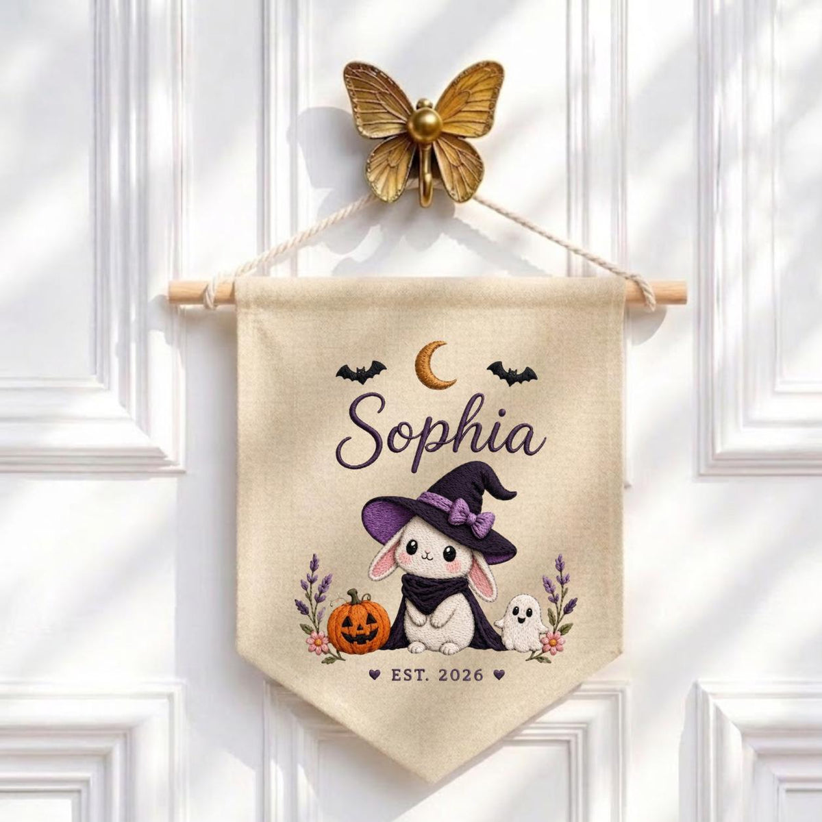 Personalized Witch Bunny Halloween Banner, Custom Embroidered Name Wall Hanging