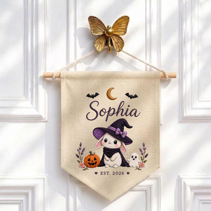 Personalized Witch Bunny Halloween Banner, Custom Embroidered Name Wall Hanging