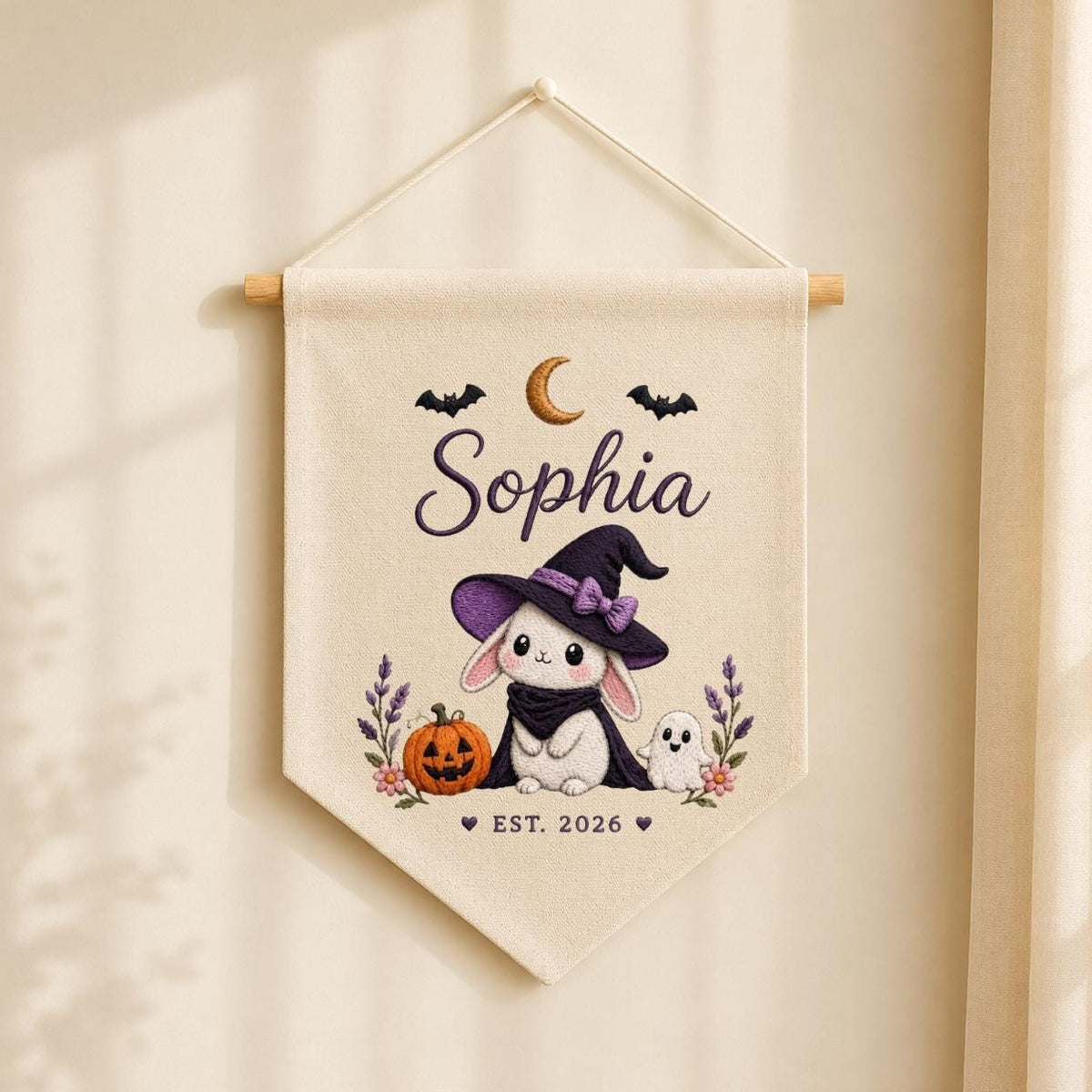 Personalized Witch Bunny Halloween Banner, Custom Embroidered Name Wall Hanging