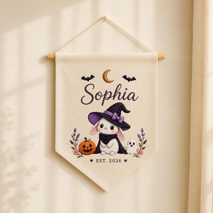 Personalized Witch Bunny Halloween Banner, Custom Embroidered Name Wall Hanging