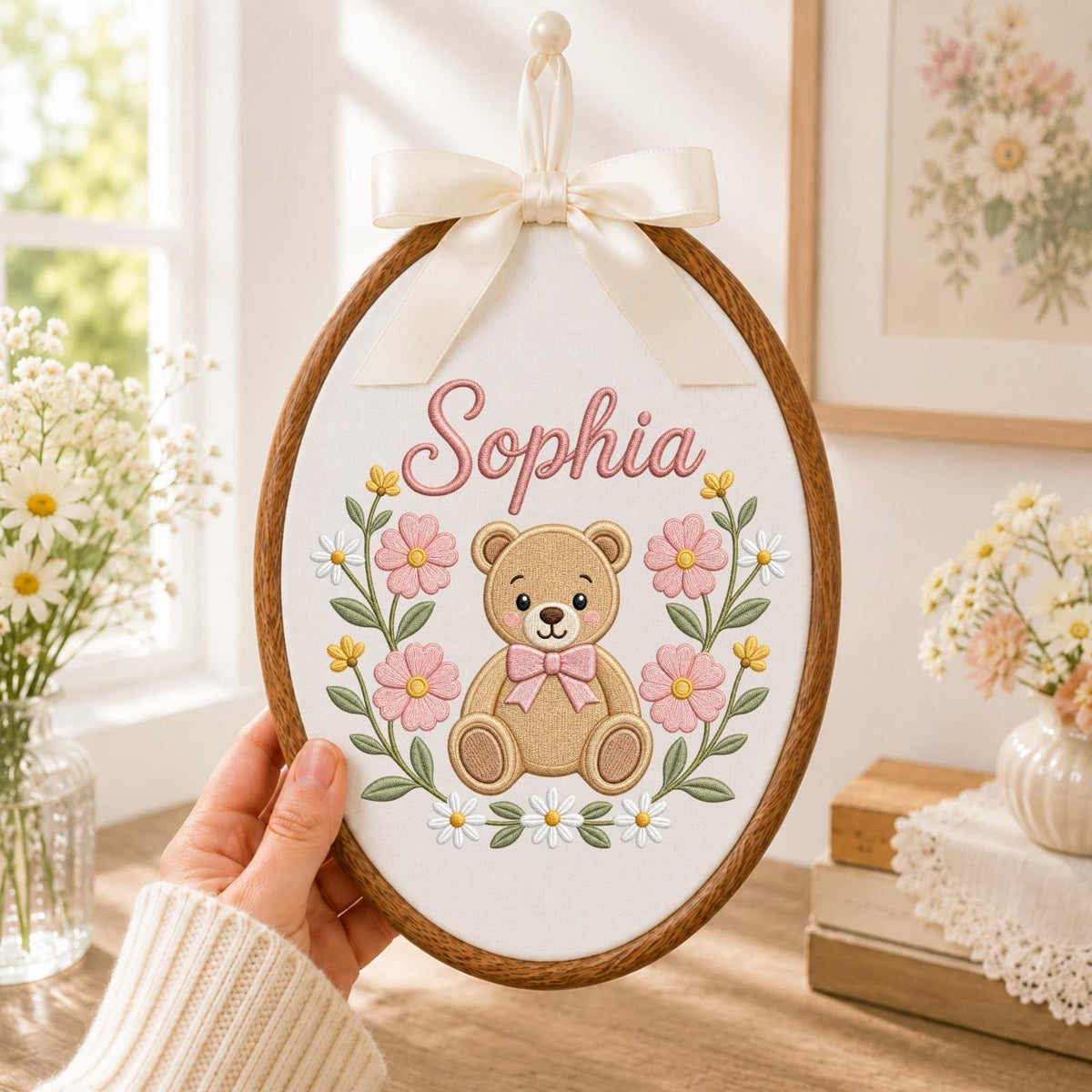 Personalized Embroidered Ornament, Teddy Bear Name Hoop, Floral Baby Girl Nursery Decor, Custom Newborn Gift, Baby Shower Keepsake