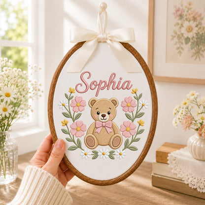 Personalized Embroidered Ornament, Teddy Bear Name Hoop, Floral Baby Girl Nursery Decor, Custom Newborn Gift, Baby Shower Keepsake