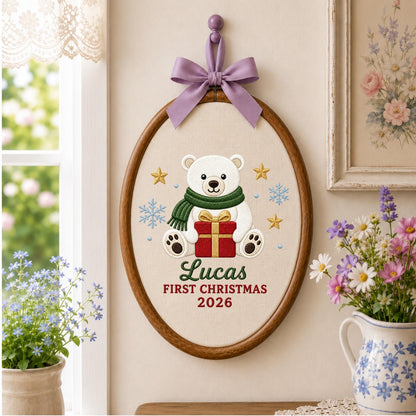 Personalized Embroidered Ornament, Baby First Christmas Polar Bear Hoop, Custom Name Christmas Decor, Newborn Holiday Keepsake Gift