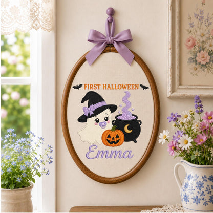 Personalized Embroidered Ornament, Baby First Halloween Ghost Name Hoop, Custom Spooky Nursery Decor, Halloween Baby Gift, Keepsake