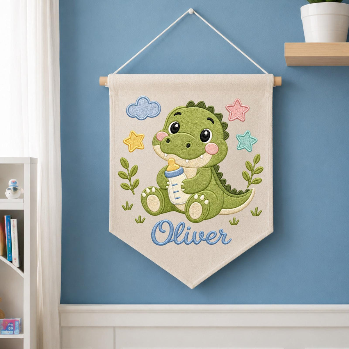 Personalized Embroidered Dinosaur Wall Hanging Banner, Custom Baby Name Sign, Baby Boy Nursery Decor, Newborn Gift, Kids Room Decor