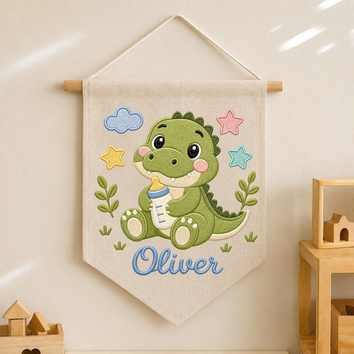 Personalized Embroidered Dinosaur Wall Hanging Banner, Custom Baby Name Sign, Baby Boy Nursery Decor, Newborn Gift, Kids Room Decor