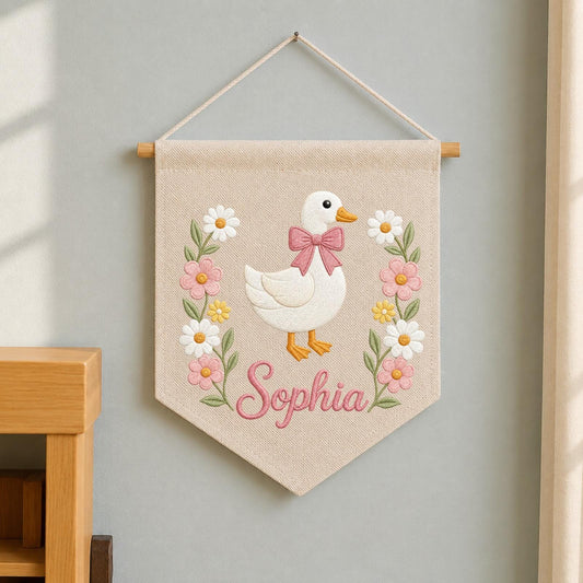 Personalized Embroidered Goose Wall Hanging Banner, Custom Girl Name Sign, Floral Nursery Decor, Baby Shower Gift, Cottagecore Kids Room