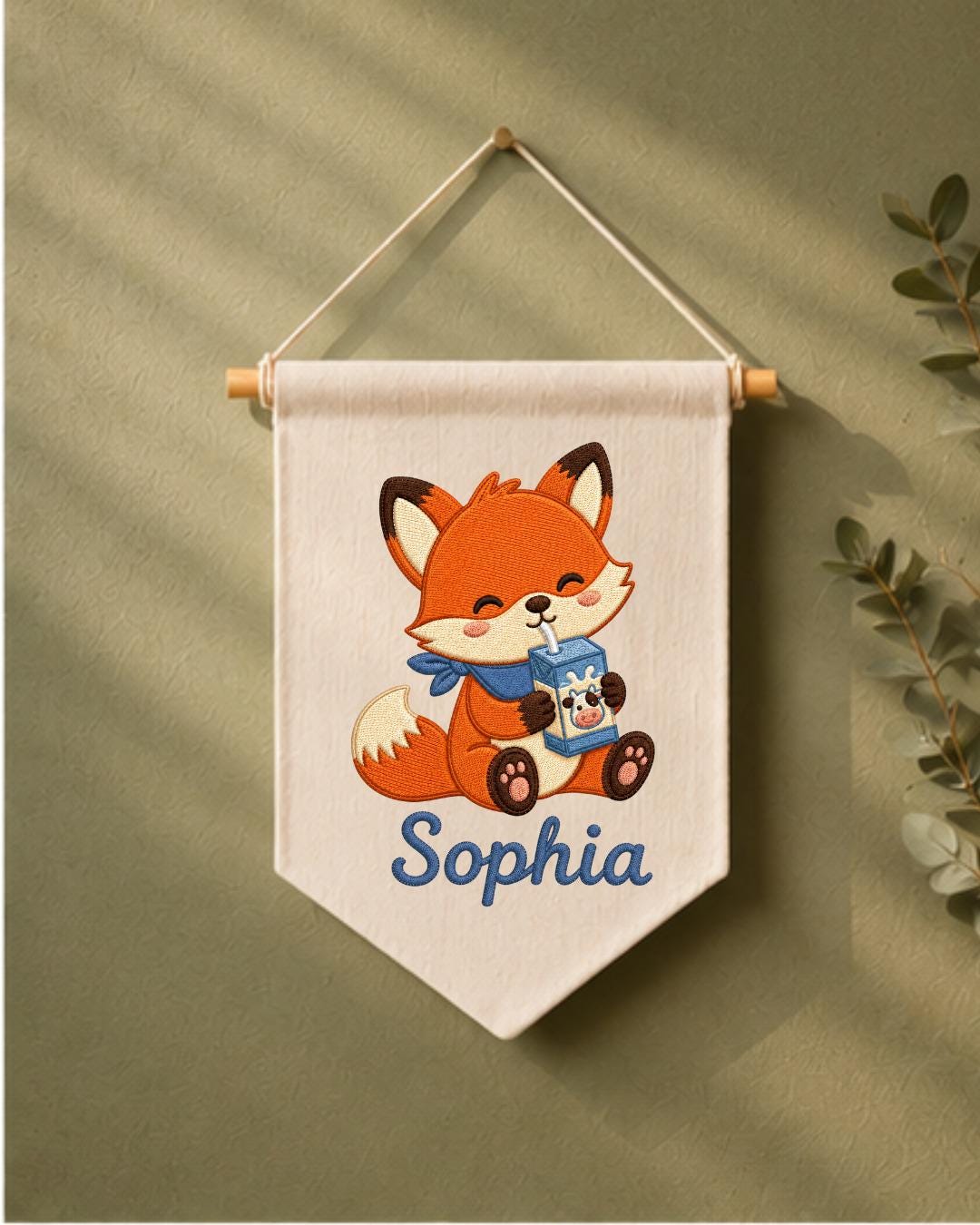 Personalized Fox Nursery Wall Hanging, Custom Name Embroidered Banner, Cute Woodland Baby Room Decor, Milk Carton Fox Nursery Gift