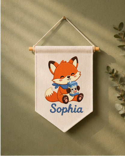 Personalized Fox Nursery Wall Hanging, Custom Name Embroidered Banner, Cute Woodland Baby Room Decor, Milk Carton Fox Nursery Gift