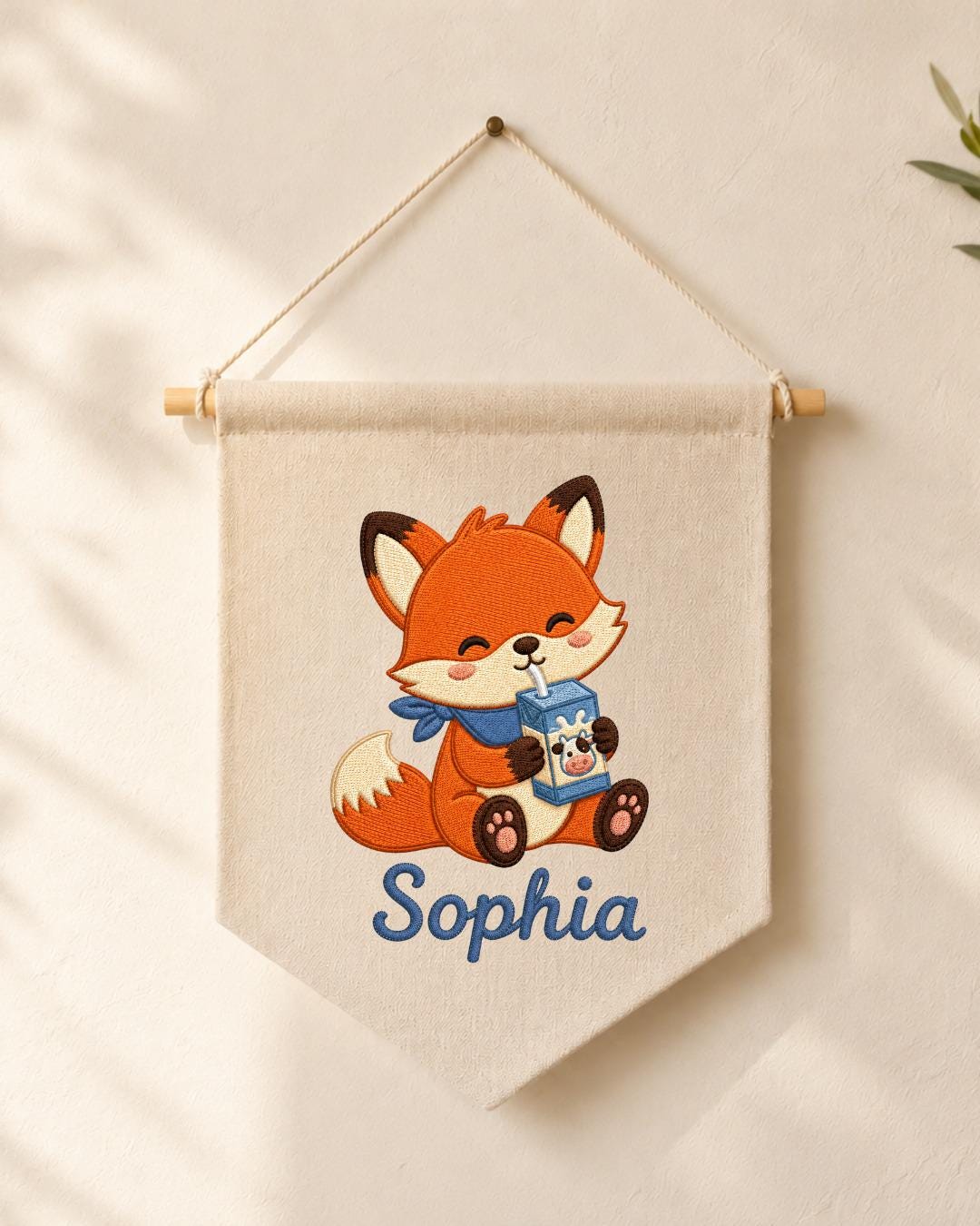 Personalized Fox Nursery Wall Hanging, Custom Name Embroidered Banner, Cute Woodland Baby Room Decor, Milk Carton Fox Nursery Gift