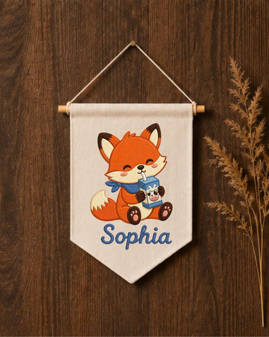 Personalized Fox Nursery Wall Hanging, Custom Name Embroidered Banner, Cute Woodland Baby Room Decor, Milk Carton Fox Nursery Gift