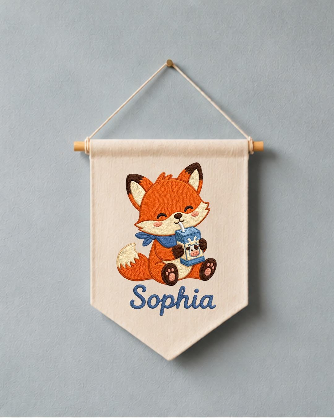 Personalized Fox Nursery Wall Hanging, Custom Name Embroidered Banner, Cute Woodland Baby Room Decor, Milk Carton Fox Nursery Gift