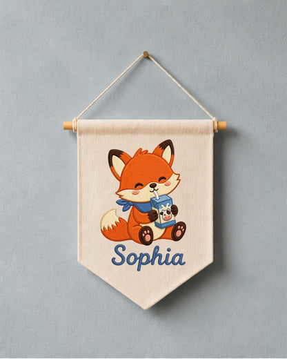 Personalized Fox Nursery Wall Hanging, Custom Name Embroidered Banner, Cute Woodland Baby Room Decor, Milk Carton Fox Nursery Gift