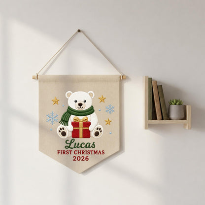 Personalized Embroidered First Christmas Wall Hanging Banner, Custom Baby Name Sign, Polar Bear Nursery Decor, Baby Christmas Gift 2026